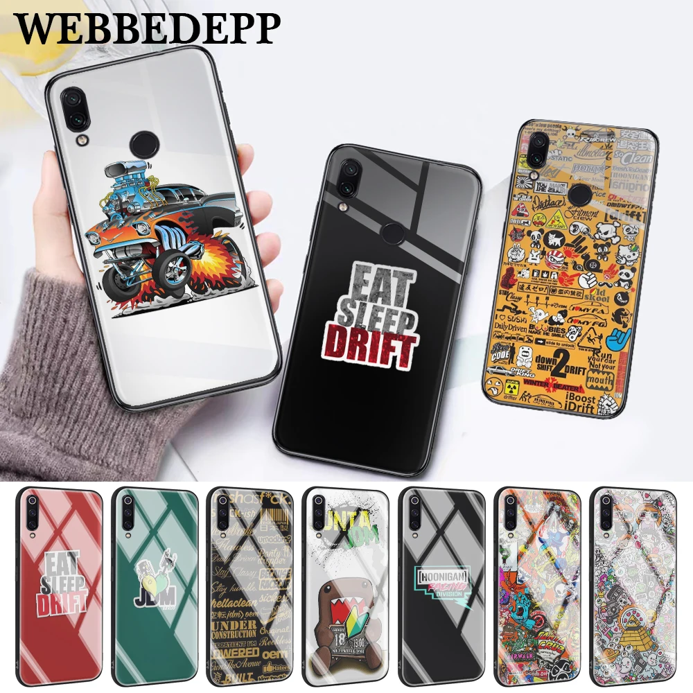 

Sticker Bomb eat sleep JDM Glass Case for Xiaomi 8 Lite 9 A1 A2 5X 6X F1 Redmi 4X 6A Note 5 6 7 Pro