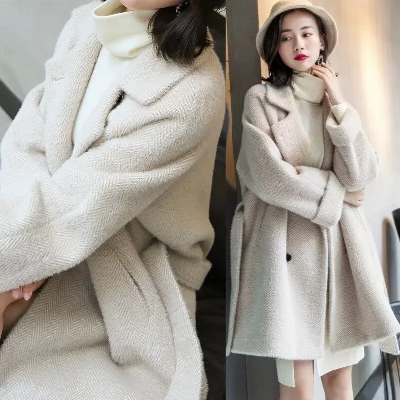 

Autumn Winter Coat Women 2019 Korean Casual Jacket Women Plus Size Cashmere Warm Thick Plaid Long Coat Beige Grey manteau femme