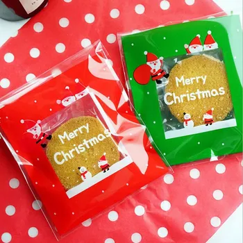 

New Merry christmas opp bag 10x10+3cm red and green Christmas self-adhesive bags of candy bags ginger cookies gift bags 100pcs