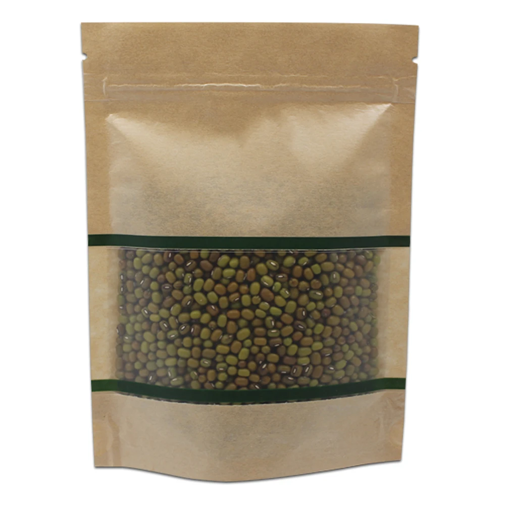 

Brown Doypack Kraft Paper Bag Stand Up Zip Lock Package Bags for Wedding Coffee Tea Snacks Storage Clear Plastic Window Pouches