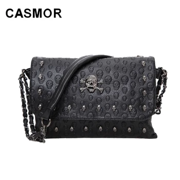 

CASMOR Women Bag Fashion Skull Rivets Bag Ladies PU Leather Shoulder Bags Halloween Gothic Flap Bag Female Party Crossbody Bag