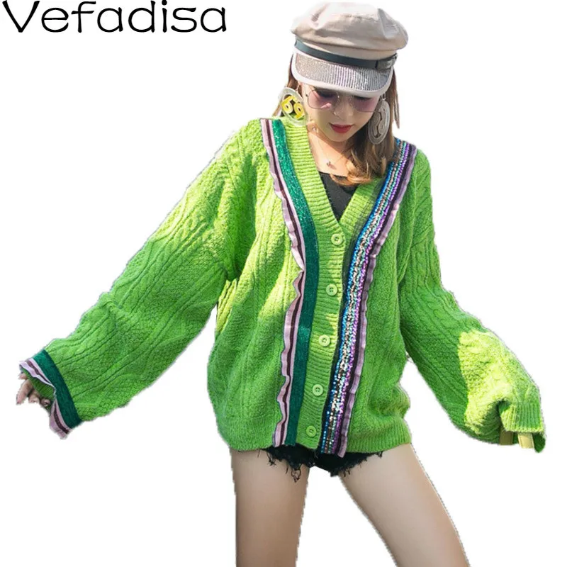 ^*Best Offers Vefadisa Sequin Cardigans Sweater Woman Spring 2020 Lace Patchwork Sweater Thick Casual Female Single Breasted Green QYF1007