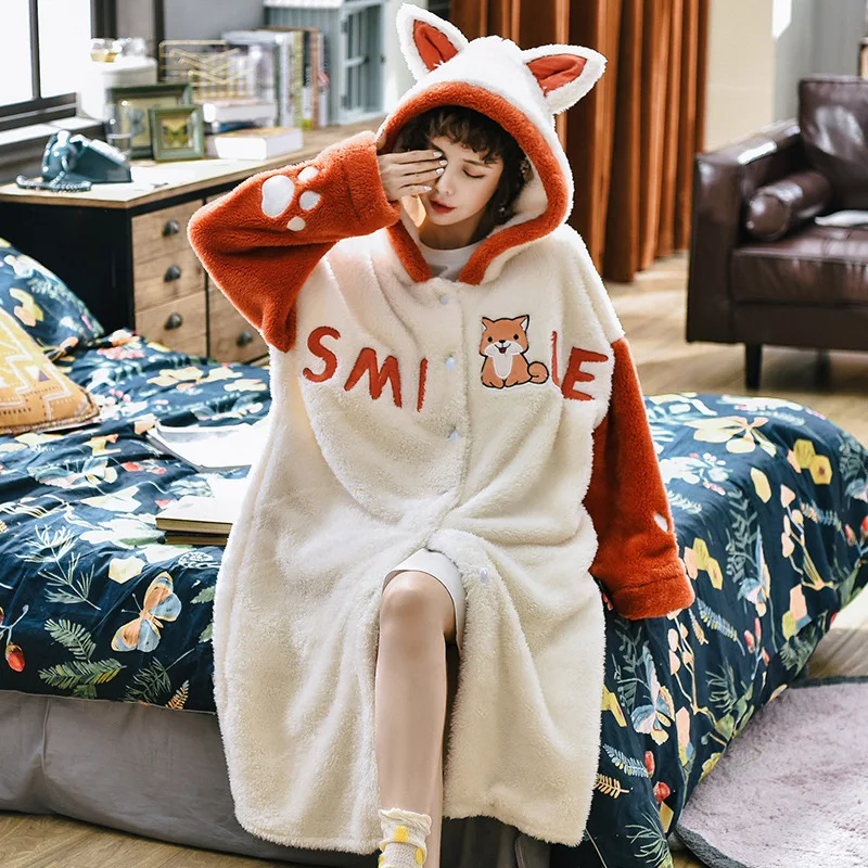 

Girl Velvet Winter Robe Cute Bathrobe Cartoons Hooded Cardigan Buttons Nightgown Warm Thick Comfortable Homewear Pyjamas Women