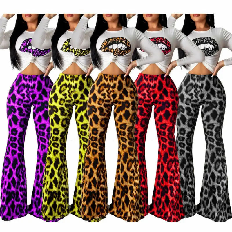

Goocheer Woman Leopard Print 2 Pcs Sets Outfits Sexy Long Sleeve Top and Flare Pants Set Evening Party Matching Sets