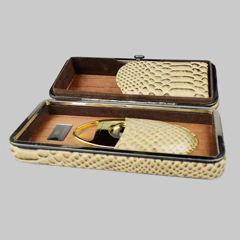 COHIBA Crocodile Pattern Leather Cedar Wood Cigar Case Humidor with Cigare Cutter