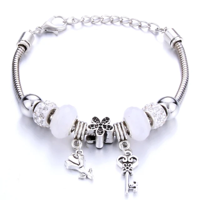Antique Original Crown key lock Shape 6 colors Charm Bracelets For Women Glass Beads Brand Bracelet & Bangle DIY Jewelry Gifts 0016WE