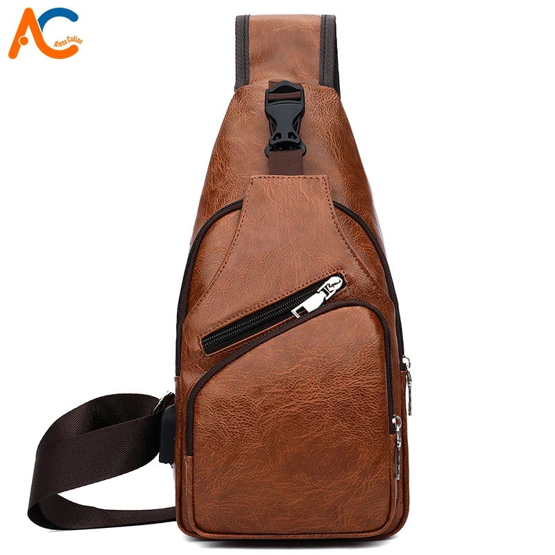 

ALENA CULIAN Trendy Leather Travel Man Bag High Capacity Mens Cross Body Chest Bag With USB Charge Sling Shoulder Bag Wholesale