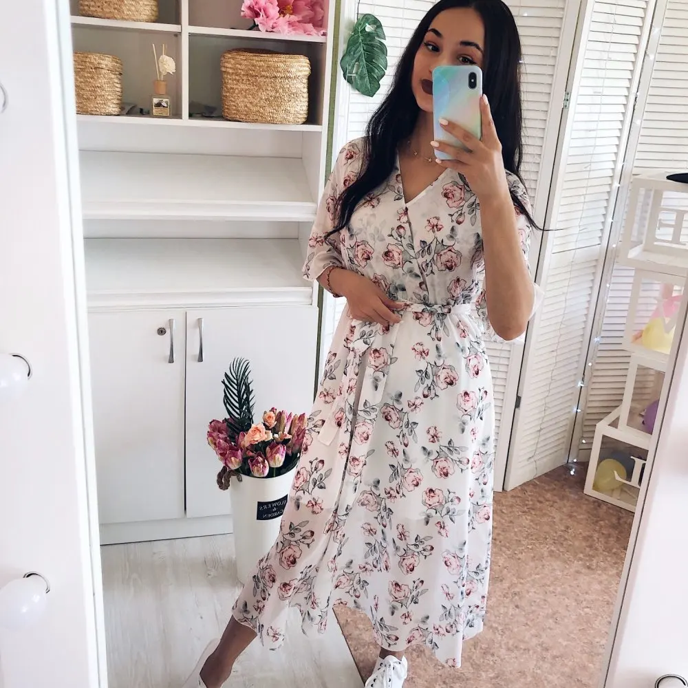 Женское длинное шифоновое платье бохо Пляжное Платье миди с цветочным принтом и
