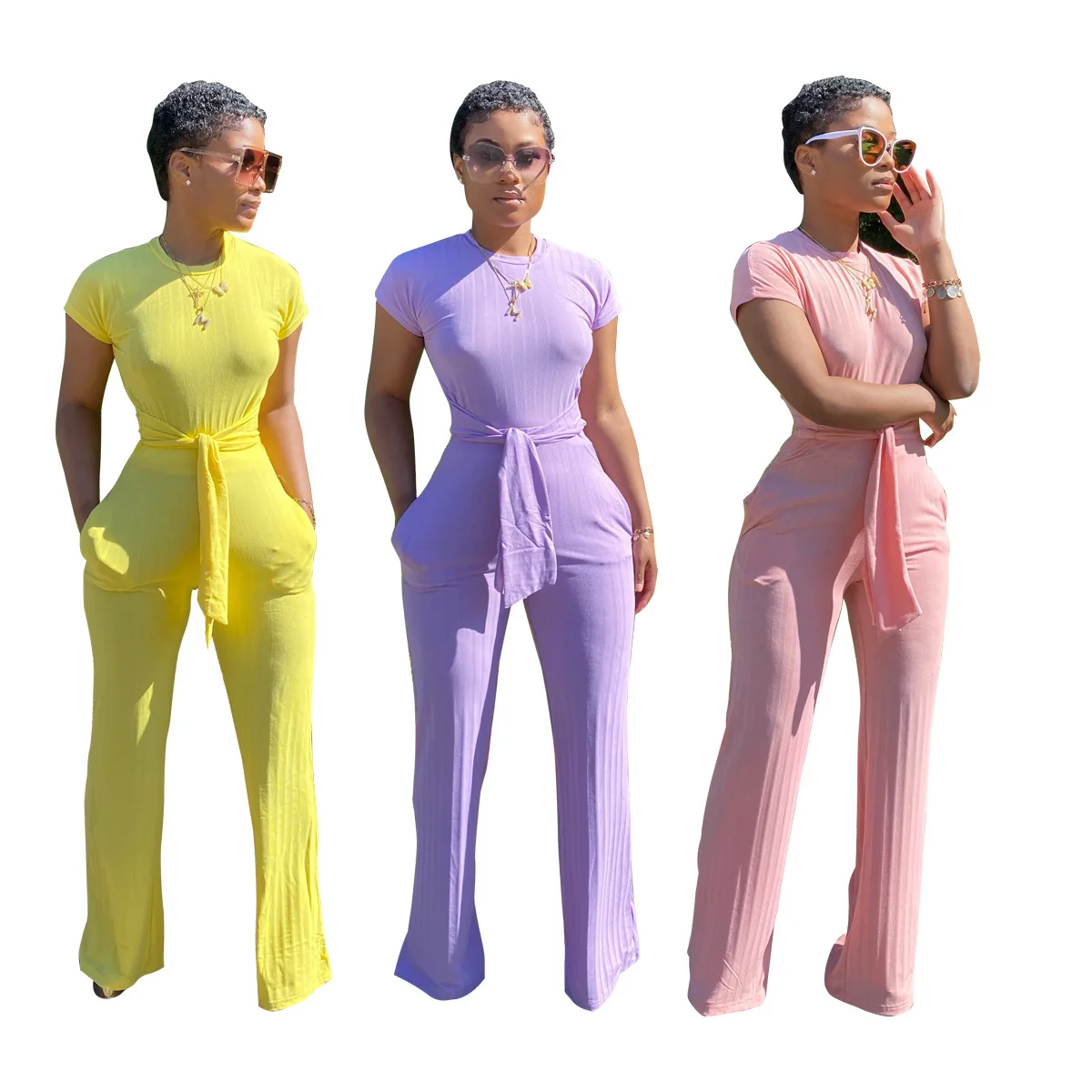 

Women Casual Solid Color Rompers Short-Sleeved Home Jumpsuit 2020 Summer New Jumpsuit European and American Fashion