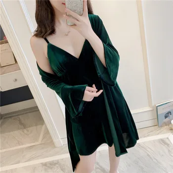 

2PCS Home Dressing Gown Nightwear Female Lace Sleepwear Casual Kimono Robe Set Sexy Velvet Homewear Nightgown Novelty Nightdress