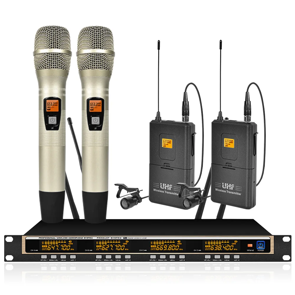 

Professional UHF automatic frequency wireless microphone system 2 handheld 2 lavalier microphone wireless conference microphone
