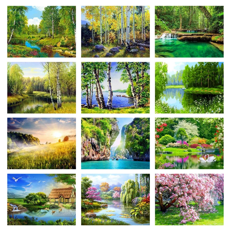 Diamond Painting 5d Full Drill Spring Scenery Tree Rivers Diy Cross Stitch Landscape Embroidery Mosaic Home Decor Gift | Дом и сад