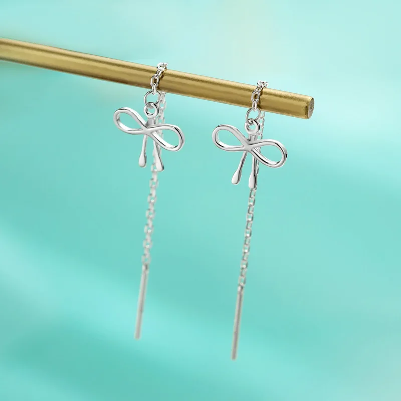 

LOYE 925 Sterling Silver Mini Compact Bowknot Long Dangle Earrings for Women Girl Simple Tassel Bow Ear Line Korean Jewelry