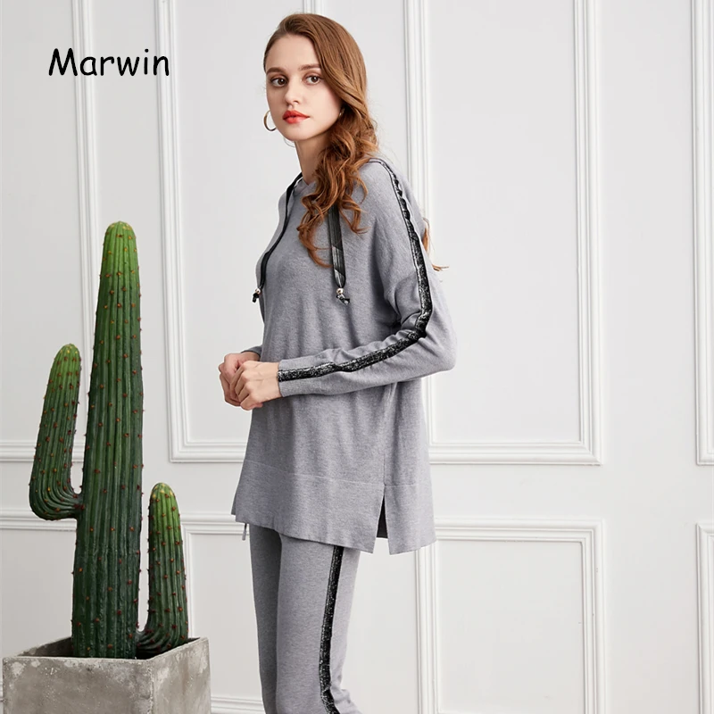 

Marwin 2018 New-Coming Autumn Winter Soft Fashion Women's Sets Black And Gray Casual Full Ribbons Elastic Waist Sweaters Sets