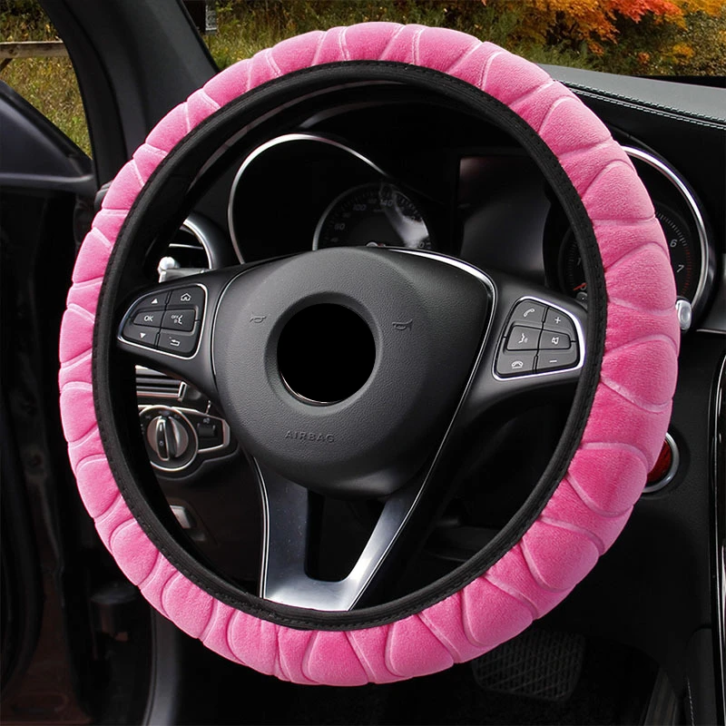 Универсальный розовый чехол на руль 37-39 см, мягкий теплый плюшевый чехол на руль для зимнего автомобиля, внутренние части рулевого колеса