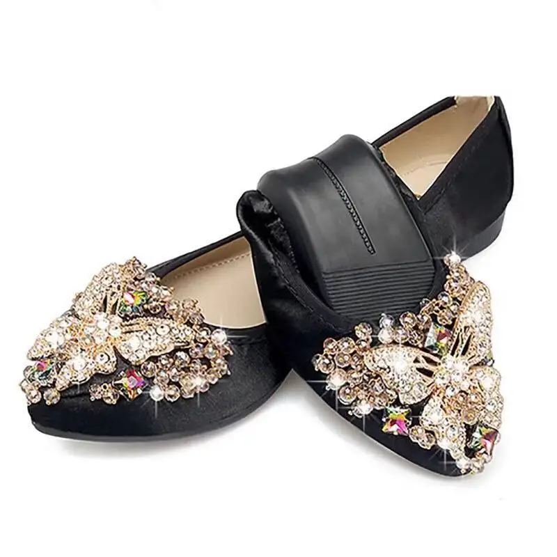 

2019 Size 34-42 Shoes Woman Spring Foldable Ballet Flats Women Butterfly Rhinestone Flat Travel Shoes Ladies Loafers XKD1006