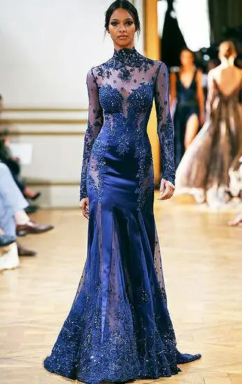 Navy Blue Robe de soiree длинное вечернее платье Новое поступление торжественное платье с высоким воротом и длинными рукавами платье русалки для вечеринки - Color: Navy Blue