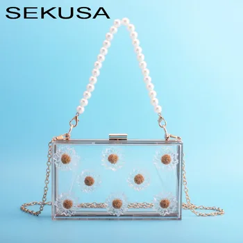 

SEKUSA Flower women evening bags beaded chain day clutches clear brand design holder party handbags