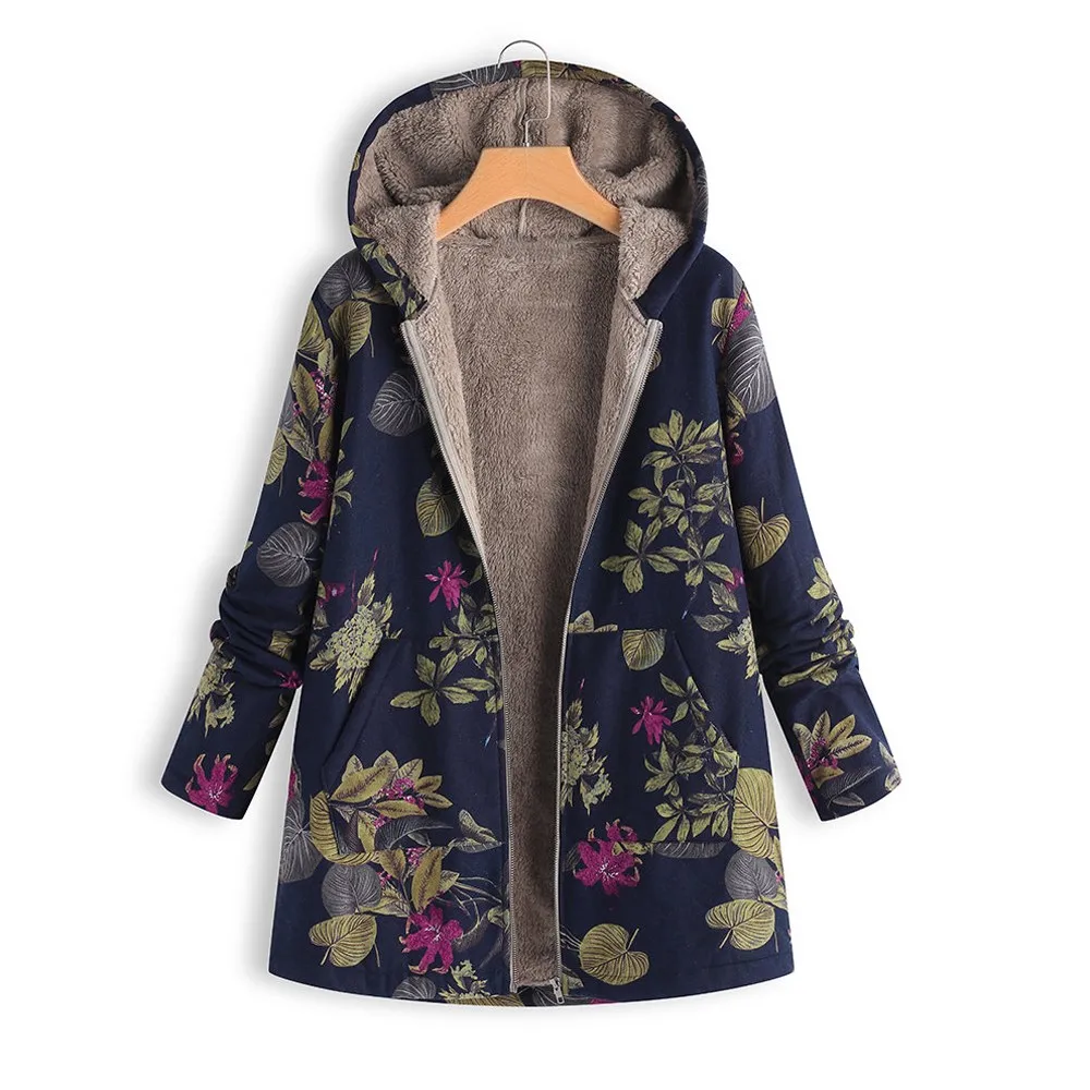 Дизайн Мода размера плюс женское цветочное пальто куртка зимняя теплая верхняя одежда цветочный принт с капюшоном карманы Винтаж более размер пальто