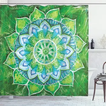 

Mandala Shower Curtain, Grand Mandala with Leaf Forms of Nature and Theme Green Boho Style Print, Cloth Fabric Bathroom Decor