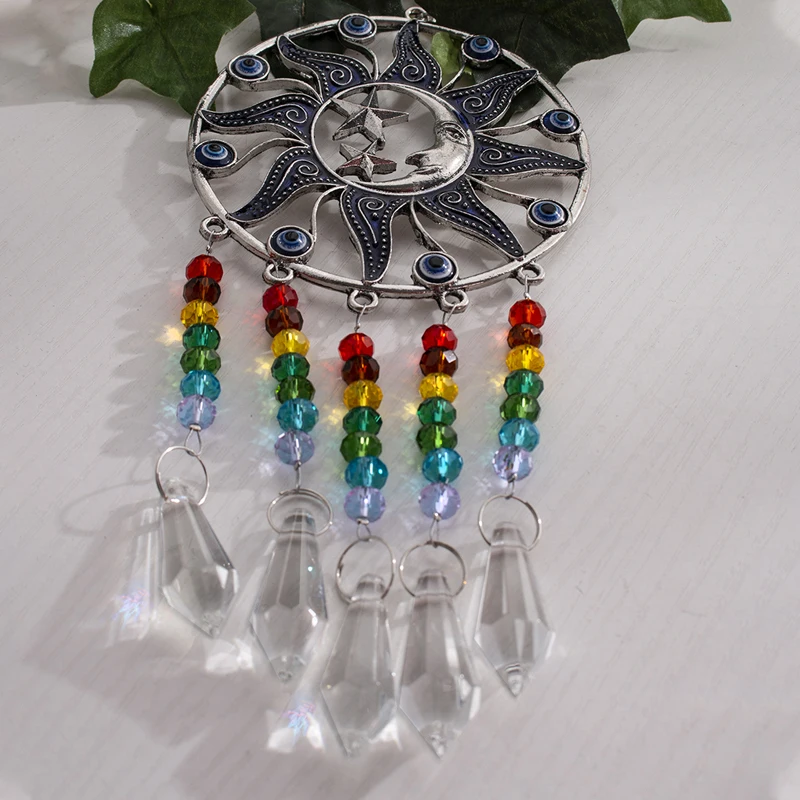 H& D чакра Хрустальная сосулька Призма Suncatcher турецкий синий сглаза Радуга настенный подвесной кулон для домашнего декора(Луна и звезда