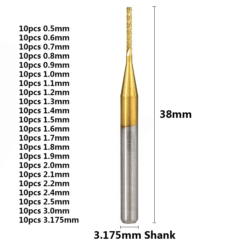 10pcs 0.5-3.175mm Titanium Coated PCB Milling Cutter Set Carbide CNC End Mills For Engraving Machine End Milling Cutter