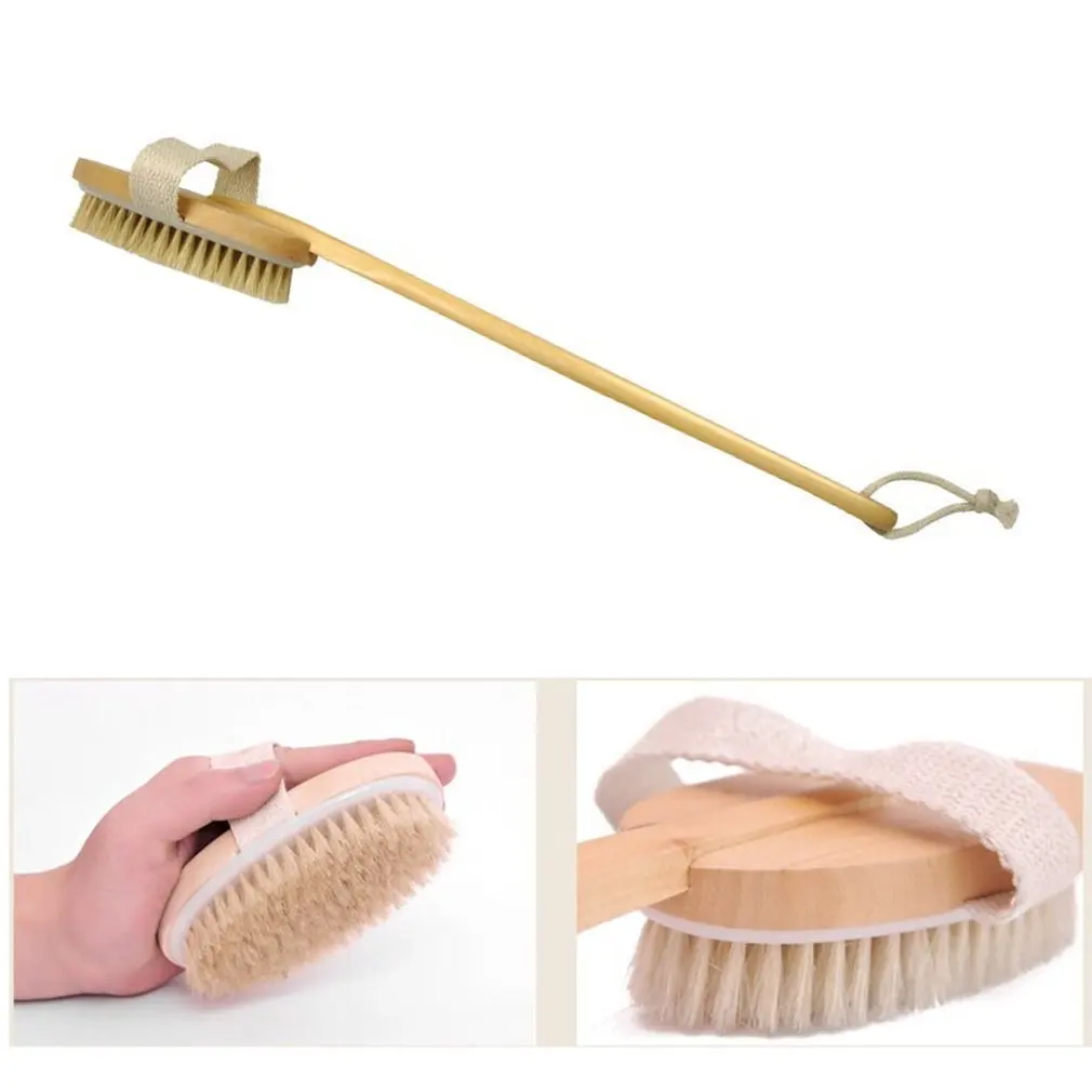 Long Wooden Handle Design Bath Body Brush Natural Bristles Exfoliating Body Massager Skin Cleaning Brush for Bathroom