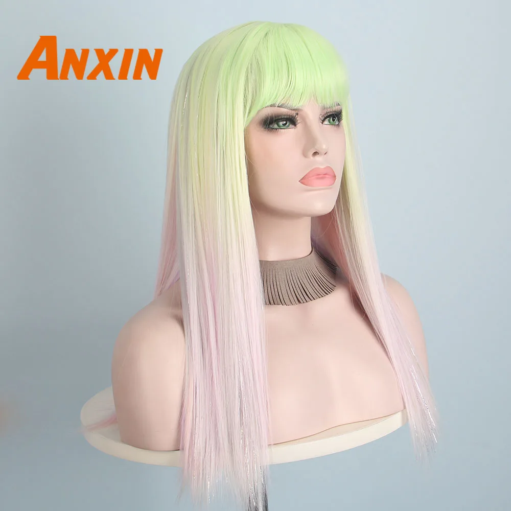 Anxin длинный прямой парик красочный с челкой Женский Косплей Аниме косплей