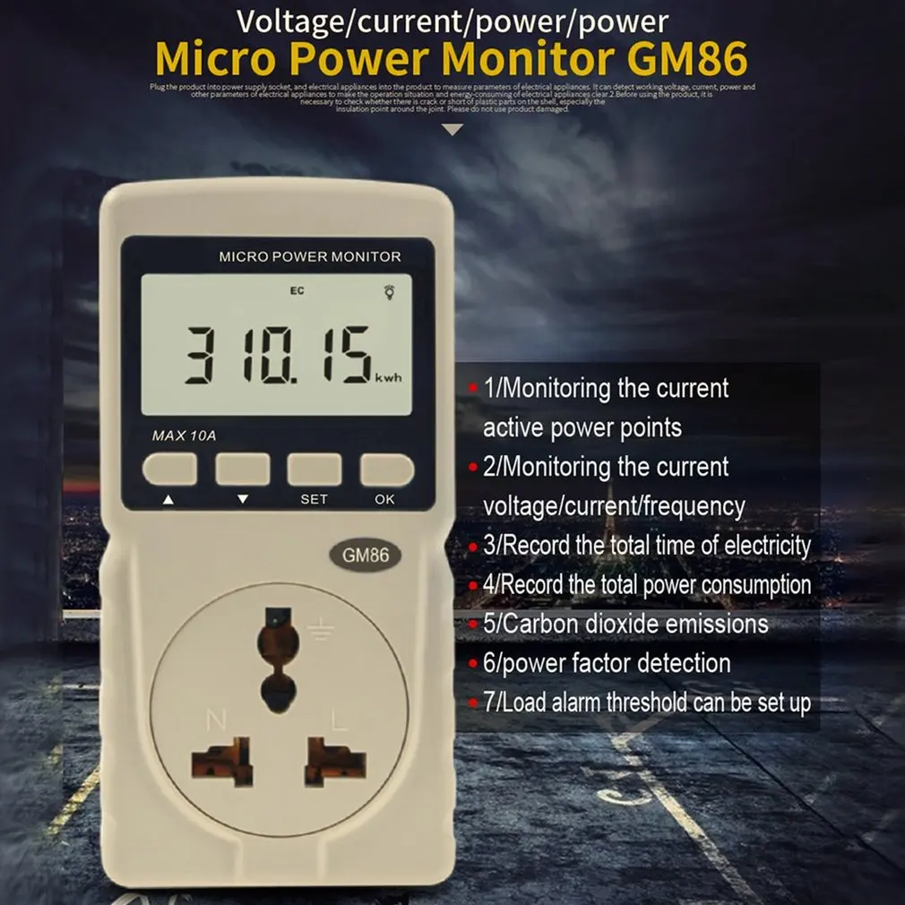 Цифровой измеритель микромощности, анализатор, монитор, 220 В, 10, Am, US/EU Plug, GM86, тестер, измерительный коэффициент мощности/частота/амперметр, вольтметр