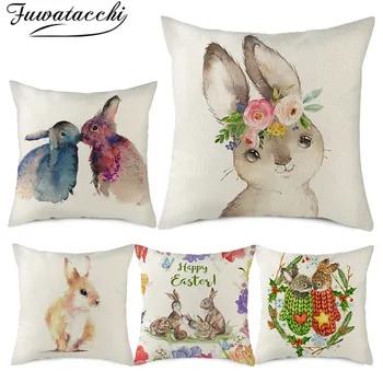 

Fuwatacchi Cute Rabbit Flower Cushion Cover Pure Linen Pillow Cover for Home Chair Sofa Car Decorative Pillowcases 45x45cm New