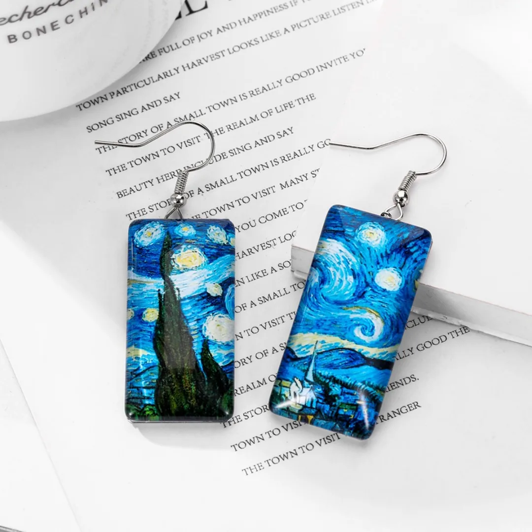 Art Resin Painting Personalized Earring For Women Tree Starry Sky Rectangular Geometric Earring Ocean Beach Style Party Jewelry