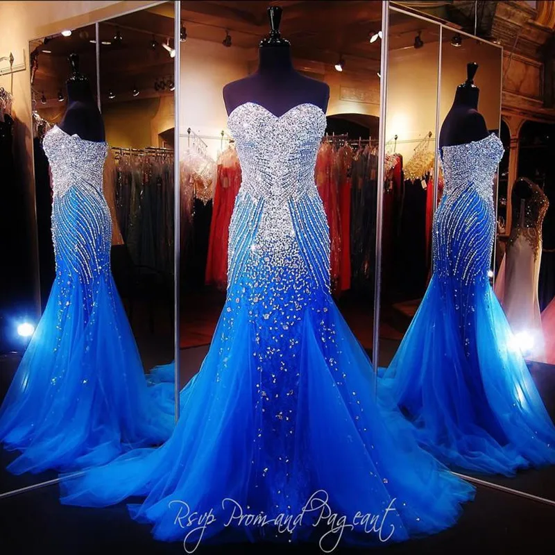

Long Mermaid Turquoise Prom gown 2018 Beaded Crystal Tulle Sweetheart Backless robe de soiree mother of the bride dresses