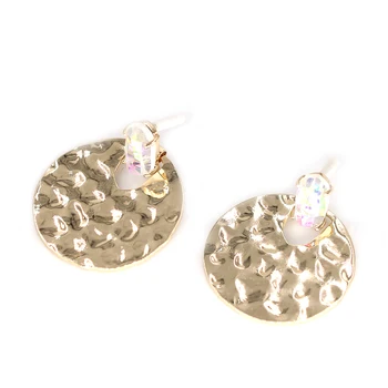 

3cm Small Disc Hammered Mini Round Earrings Small Oval Crystal Stone Inlay Dangle Earrings For Women High Polish Earrings
