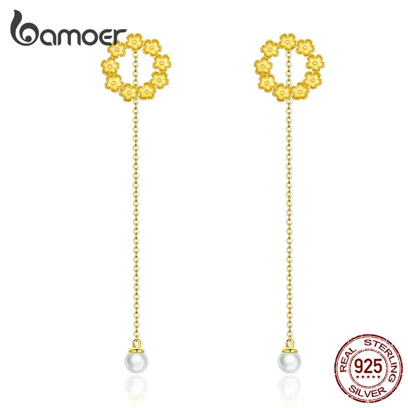 Bamoer, Настоящее серебро 925, Подсолнух, Длинные бусины, висячие серьги для женщин,, Весенняя серия, свадебные ювелирные изделия BSE290