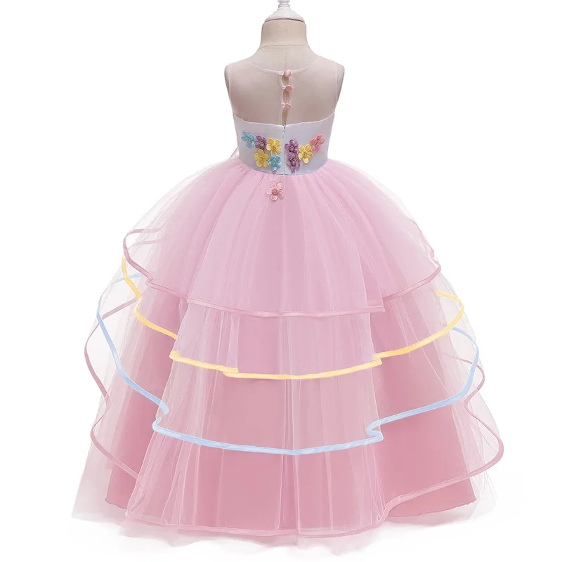 Fantasy Unicorn Dress For Girl Princess Party Dress Baby Halloween Costume Rainbow Tiered Mesh tutu Dress Kids Licorne Long Robe