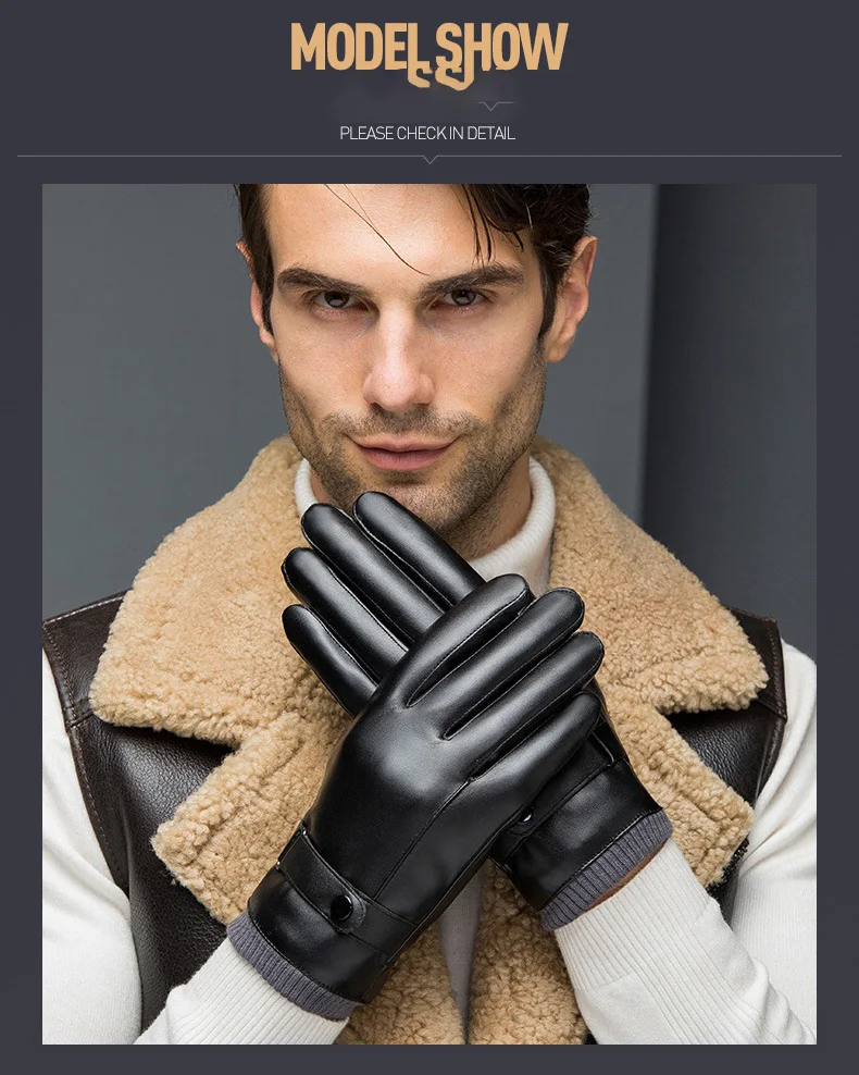 

Men Winter Gloves Solid Color Faux Leather Gloves Touch Screen Plush Lined Mittens Warm Men Leather Gloves luvas motociclismo