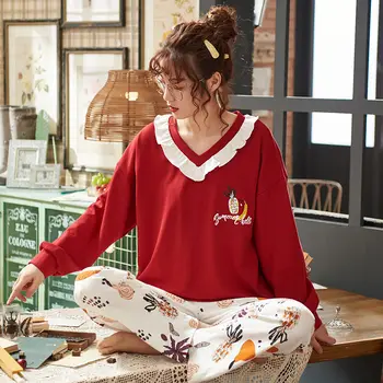 

PLus Size Women Pajamas Set Cotton Casual Homewear Female Pyjamas Pants Sleepwear Home Suit University Women Pajamas 2-piece Set