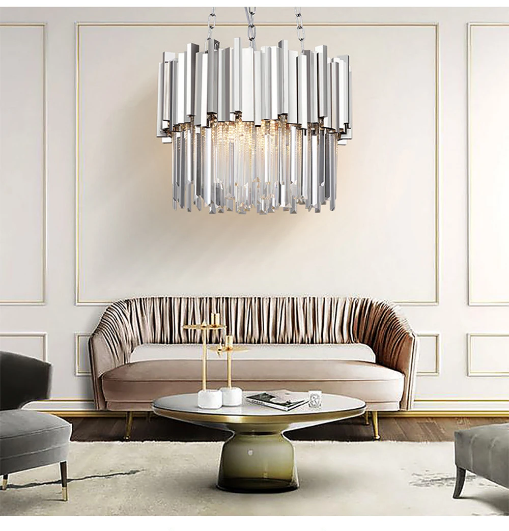 Postmodern LED Stainless Steel Crystal Gold Chrome Suspension Luminaire Lampen Pendant Lights Lustre Pendant Light For Foyer