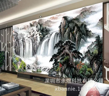 

Water-Rich Long and Flowing Water TV Backdrop Wallpaper Living Room Chinese Style Sofa Hotel Lobby Seamless Mural