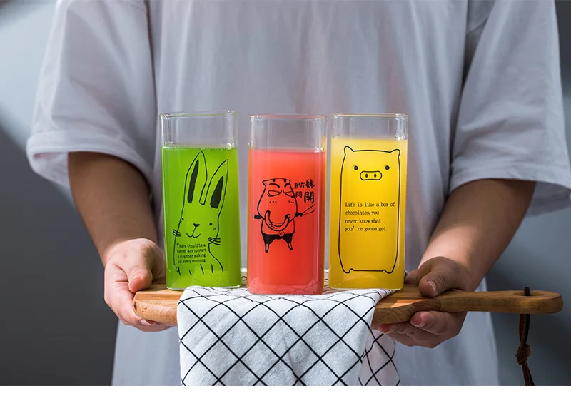 Cartoon Animal Milk Cup Transparent Borosilicate Square Glass Breakfast Juice Cups Heat Resistant Glass With Wooden Airtight Lid And Glass Straw 400-Ml 30 Undefined