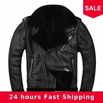 

2020 Black Men American Style Motorcycle Shearling Jacket Plus Size 4XL Genuine Sheepskin Winter Slim Fit Biker's Shearling Coat
