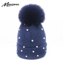 Зимняя шапка бини из лисьего меха с помпоном, шерстяная вязаная шапка с жемчугом, женская шапка из норки, шапки для женщин, теплая шапка для девушек
