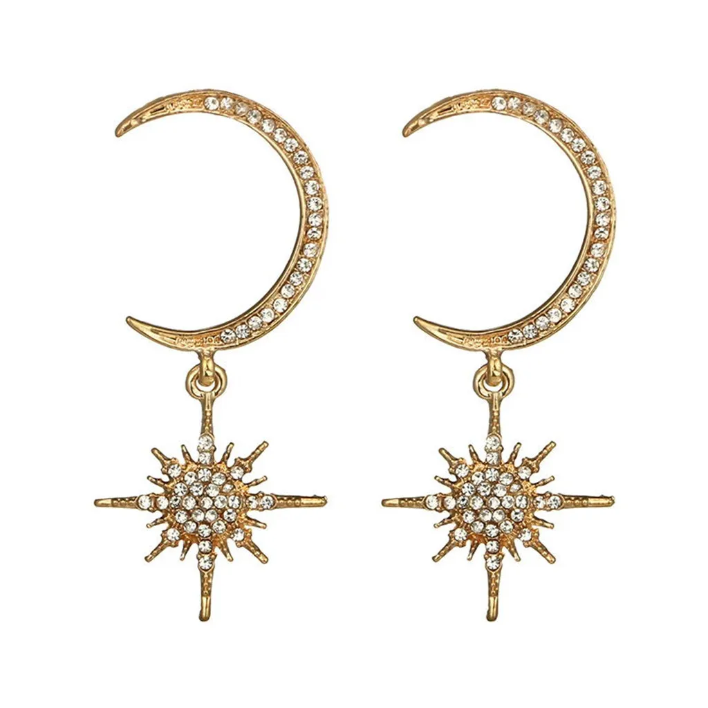 

South Korea Cool Moon And Stars Exaggeration Elegant Full of Crystals Ear Stud Moon Sun Trendy Earrings Super Shiny Diamond