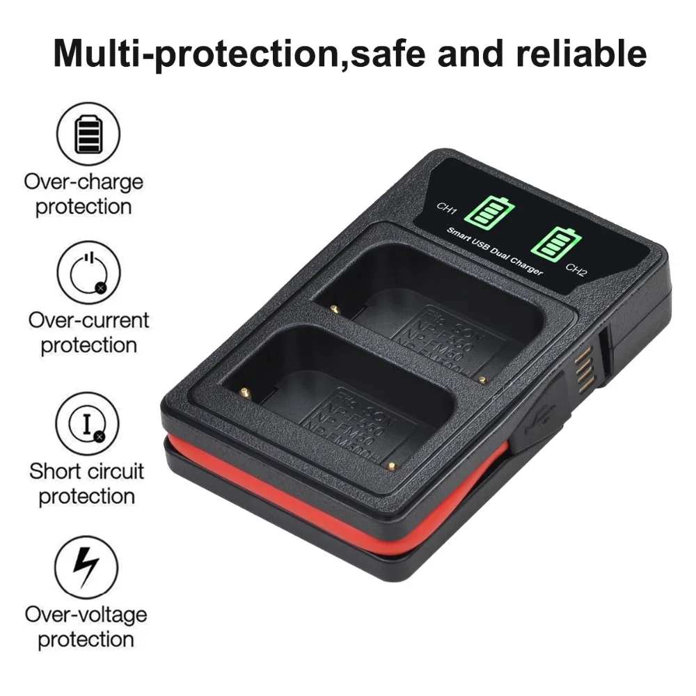 2 Pcs 2200mAh NP-FM500H NP FM500H Battery + LED Dual USB Charger with type-C port for NP-F550 NP-FM50 Sony Alpha A58 A350 A500
