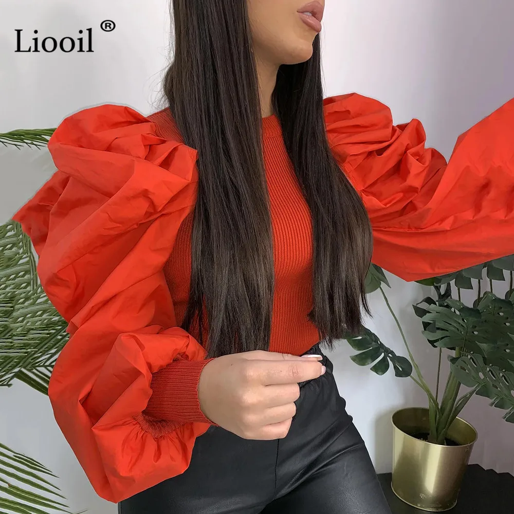 Liooil, вязанная Сексуальная Блузка, облегающий Топ, Осень-зима, уличная одежда с пышными рукавами и круглым вырезом, черные, белые женские топы и блузки