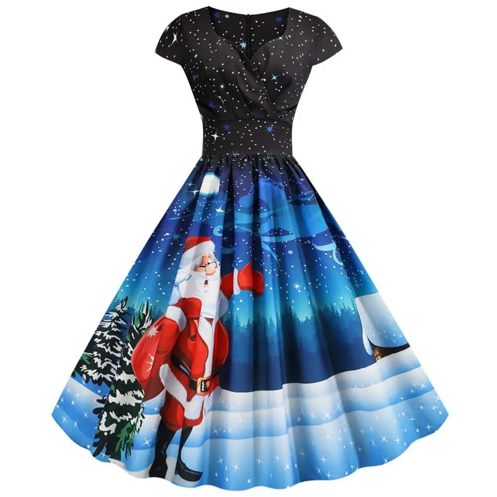 Рождественские Платья женские винтажные с коротким рукавом Рождество 1950s домохозяйка вечеринка выпускного вечера размера плюс платье robe noel femme# G1 - Цвет: Blue