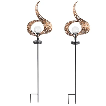 

Outdoor Garden Solar Light, Flame Decoration, Cracked Glass Ball Waterproof Metal Decorative Candlestick Lamp,-2 Pack