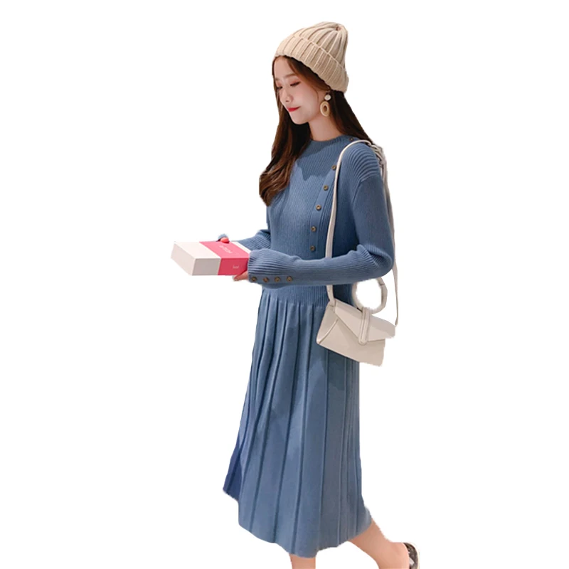 Новое осенне-зимнее Макси платье-свитер женское с длинным рукавом ребро свободное женское длинное платье-свитер высокая шея элегантный ТРАПЕЦИЕВИДНОЕ ПЛАТЬЕ НА ПУГОВИЦАХ