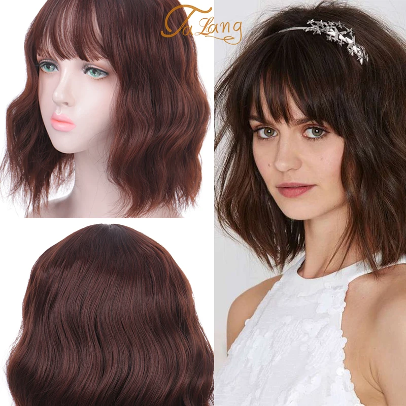 

TALANG Cut Synthetic Short Wigs For Women Black With Bangs Water Wave Brown Hair Wig Natural Purple Pink Cosplay Wigs