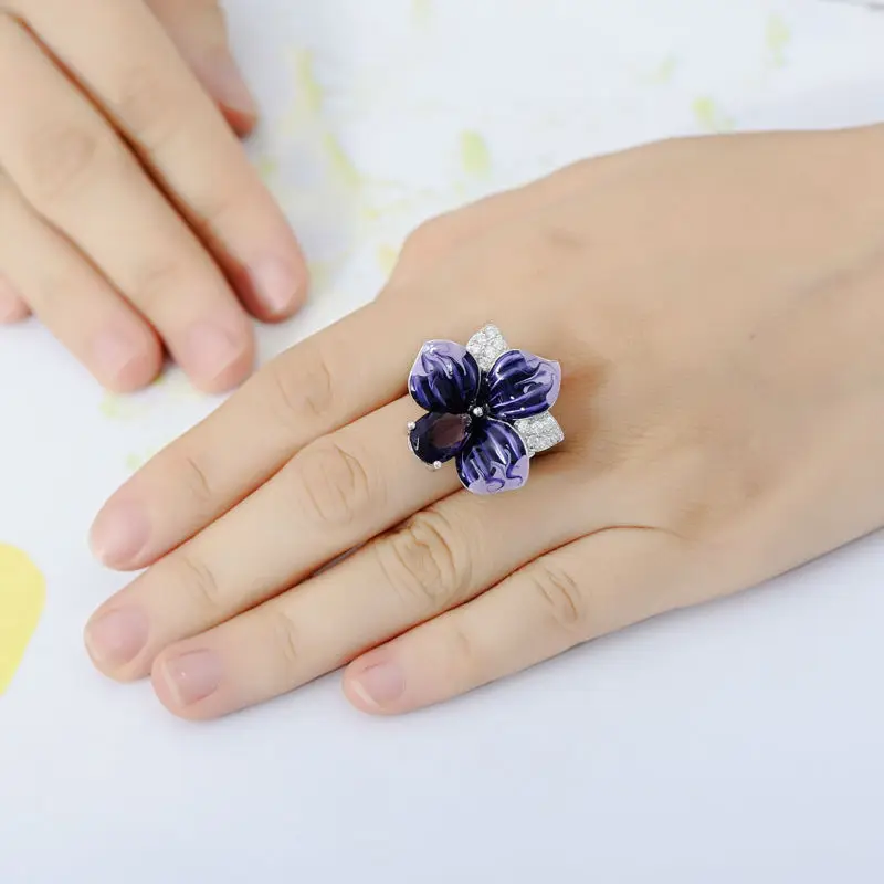 Новая мода 925 стерлингового серебра бабочка цветок фиолетовый большое кристаллическое кольцо для женщин камень вечерние кольца на годовщину ювелирные изделия
